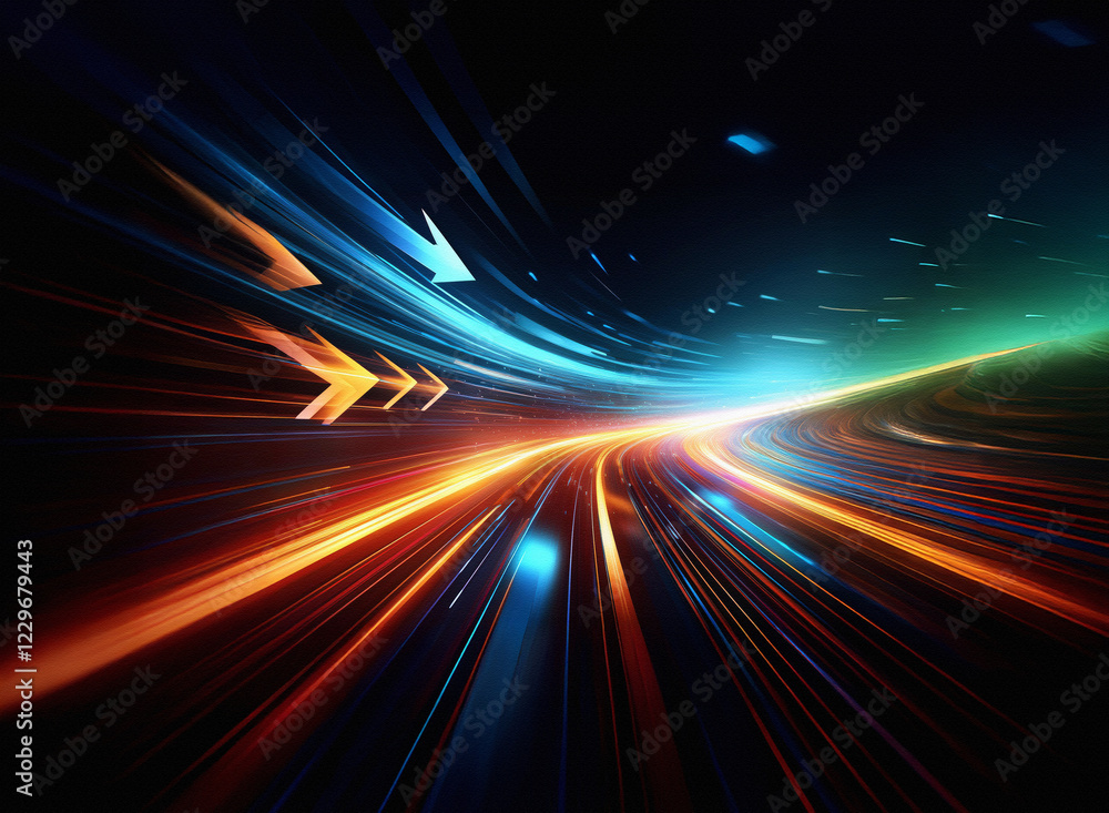 Poster Abstract image depicting a dynamic, high-speed journey through a vibrant, cosmic tunnel.  Streaks of light, arrows indicating direction, and a sense of movement and velocity are key elements.