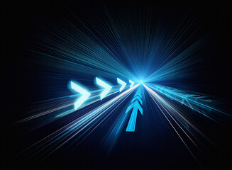 Abstract image of a glowing blue highway receding into a bright light,  marked with directional arrows suggesting forward movement and speed.
