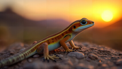 Obraz premium Western Banded Gecko in Desert at Sunset