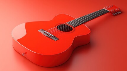 Fototapeta premium Vibrant red acoustic guitar on red background.