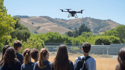 Teacher Demonstrates Drone Use in Educational Setting with Students