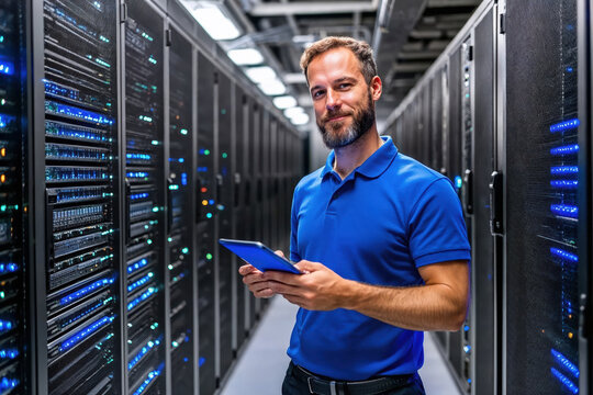 It engineer using tablet and working in modern data center