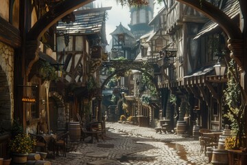 Sun shining on a beautiful medieval fantasy village with cobblestone street and timbered houses, creating a charming and magical atmosphere