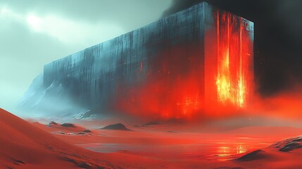 A Monolithic Structure Burns Brightly In An Alien Desert