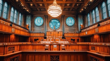 Obraz premium Grand wooden chamber with stained glass windows and chandelier.