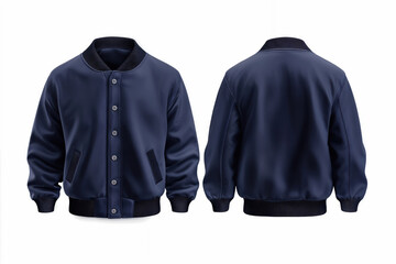 Blank navy blue satin bomber jacket front and back view