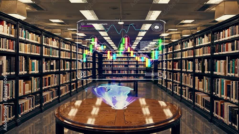 Poster exploring a futuristic library with holograms and advanced vfx technology showcasing global data vis