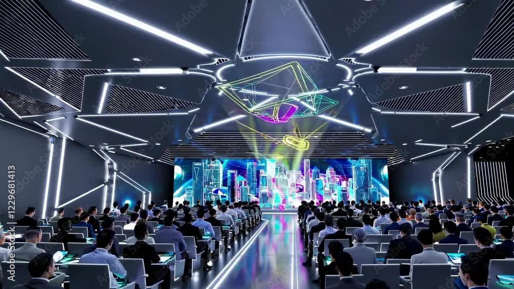 Aufkleber futuristic conference showcasing holograms and advanced vfx with an engaging hud environment