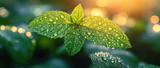 Close-up of dew-covered mint leaves glistening in sunlight