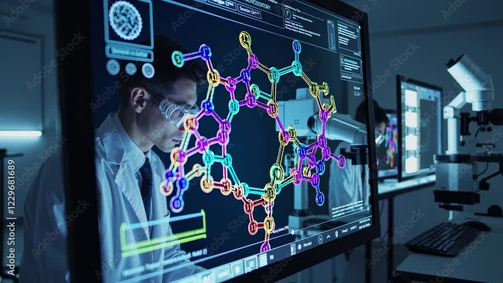 Poster scientist analyzing molecular structures with holographic vfx in a modern lab setting