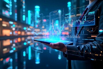 Businessman in suit holding futuristic tablet that projects glowing holographic display of financial charts, stock market data and digital . High tech, digital financial and futuristic aesthetics