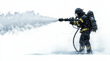 Firefighter operating a heavy-duty industrial water cannon, powerful water jet, white background isolation.