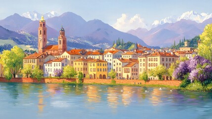 Sunny riverside town nestled in mountains with vibrant buildings and blooming trees reflecting on calm water.