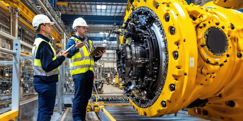 Engineers using digital tablet, inspecting large machine in factory