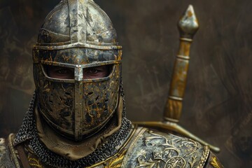 Studio shot of medieval knight wearing helmet and chainmail, holding sword