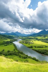 Serene River Landscape Under Dramatic Clouds