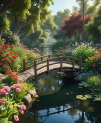 Ancient wooden bridge spans serene pond with lush greenery and vibrant flowers, pond, foliage, tranquility
