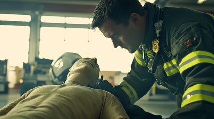 Firefighter performing CPR on a rescue dummy, industrial safety training scene, commercial stock photography.