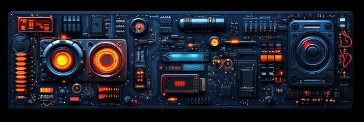 Fototapeta premium Futuristic technology panel with glowing orange and blue elements.