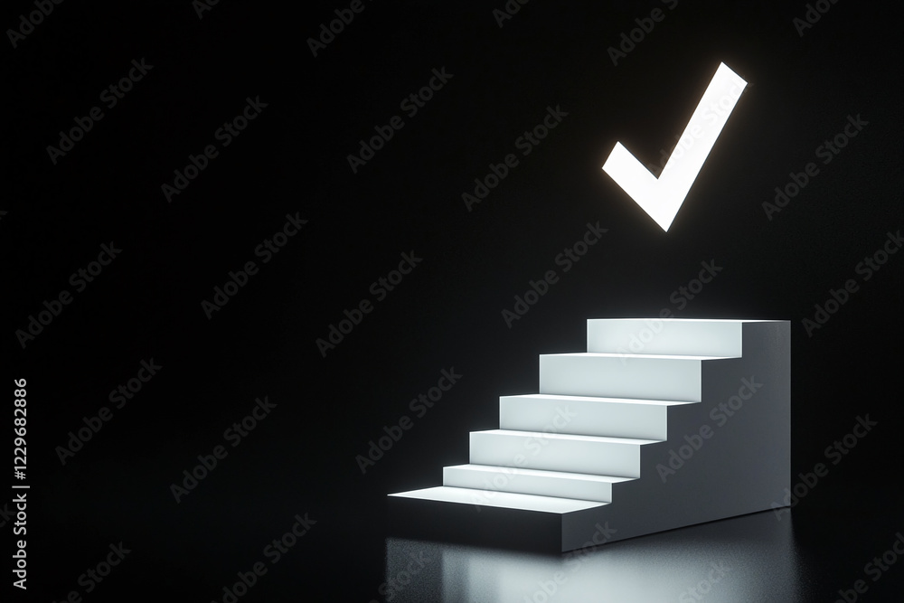 Poster minimalistic illuminated stairs with a glowing check mark above, symbolizing achievement, progress, 