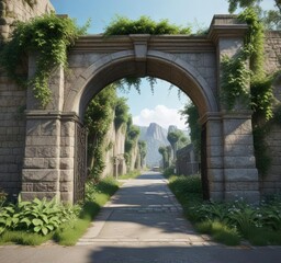 Arched stone gate beneath elevated road with plants , overpass, vegetation