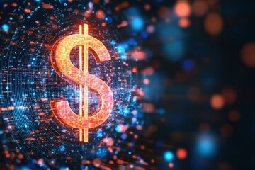 Futuristic 3D Dollar Sign Icon with Digital Technology Background for Business Use