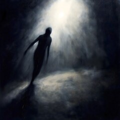 Obraz premium Shadowy Figure: A solitary silhouette emerges from the darkness, bathed in a single beam of light. The figure's elongated shadow stretches ominously, adding a sense of mystery.