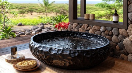 Fototapeta premium Luxurious black stone bathtub outdoors with scenic view.