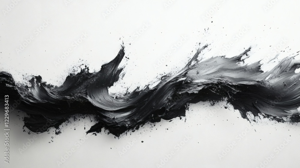 Poster energetic ink brush strokes splattering curving on a clean white canvas creating a raw abstract desi