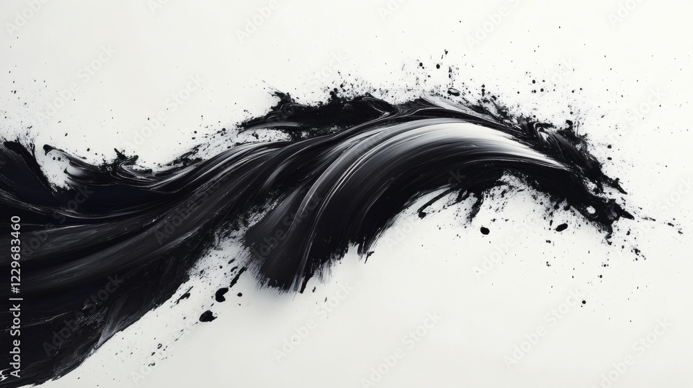 Poster energetic ink brush strokes splattering curving on a clean white canvas creating a raw abstract desi