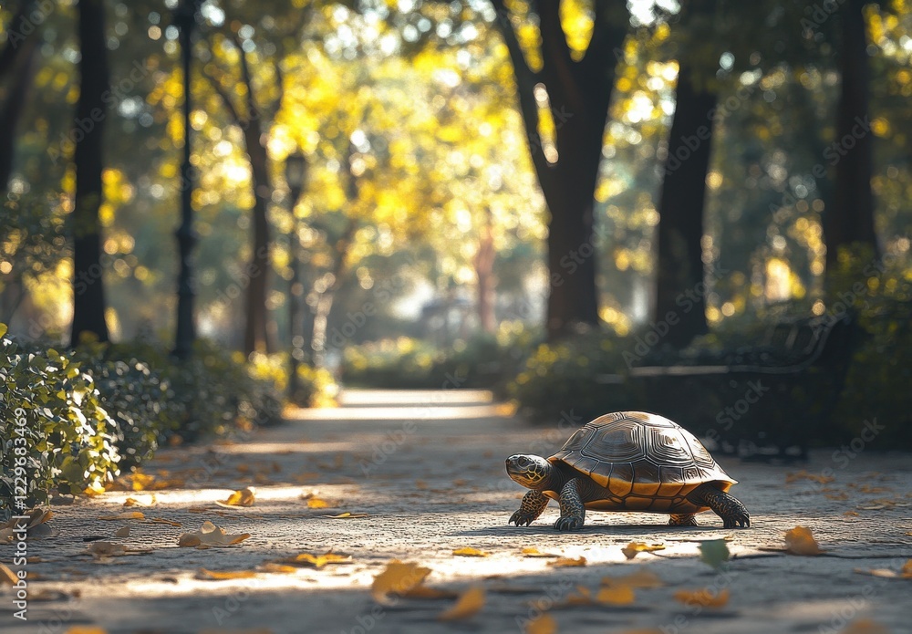 Aufkleber turtle walking on a pathway surrounded by trees and autumn foliage in a peaceful park setting with w