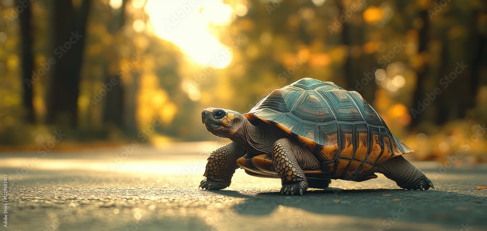 Poster turtle walking on a paved pathway during golden hour, surrounded by trees with autumn foliage in a p