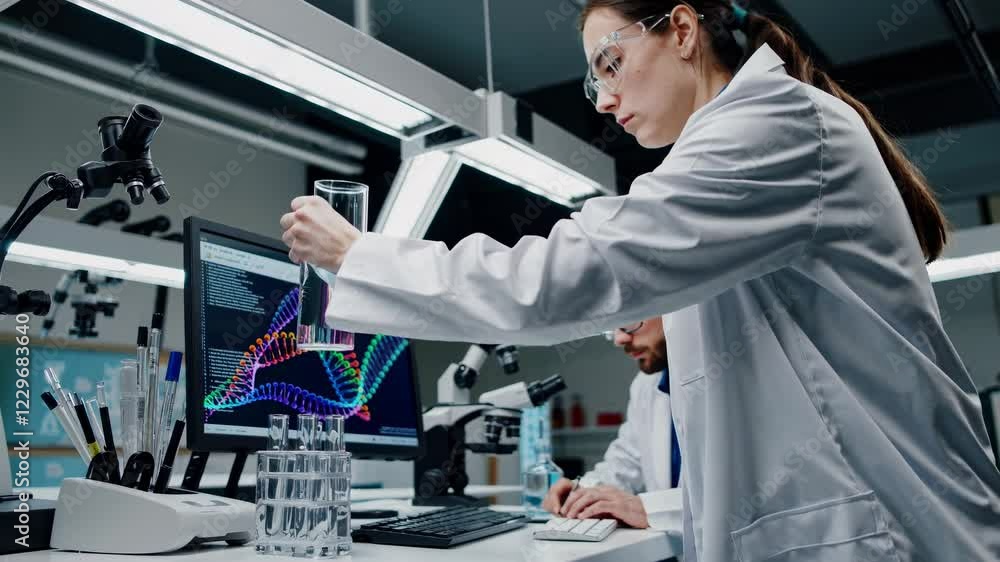 Fototapete scientists conduct experiments in a modern laboratory with vfx and hologram displays showcasing dna 