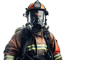 Full-body portrait of an industrial firefighter in full protective gear, isolated on a pure white background, high-detail professional presentation.