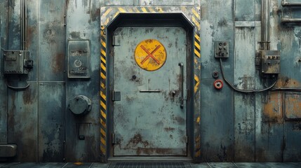 Naklejka premium Fireproof industrial bunker door with emergency firefighting symbols, high-resolution, technical details emphasized.