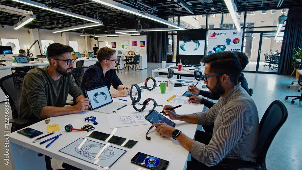 Fototapete creative brainstorming session in a modern design studio featuring futuristic vfx and hud elements