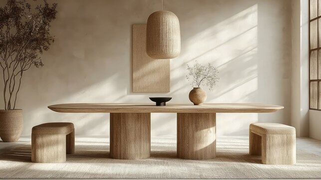 Wooden dining table and stools in sunlit minimalist room with decor