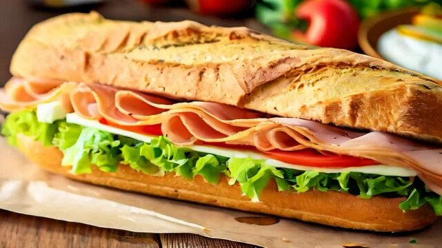 Video of delicious homemade pastrami sandwich with turkey tomatoes and lettuce in fresh baguette. Traditional American lunch