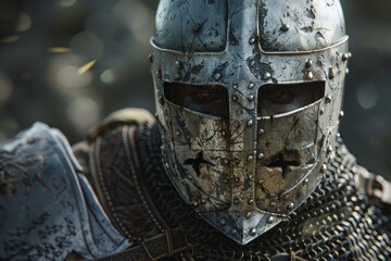 Medieval warrior wearing a damaged helmet and chainmail, intensely staring amidst the chaos of battle