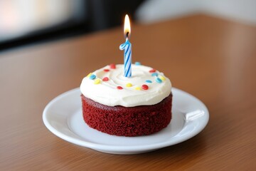 A delicious red velvet cupcake topped with white frosting, colorful sprinkles, and a blue birthday candle, sitting on a white plate.