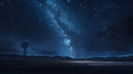 Naklejka premium Solitary Windmill Under Starry Sky in an Open Landscape at Night