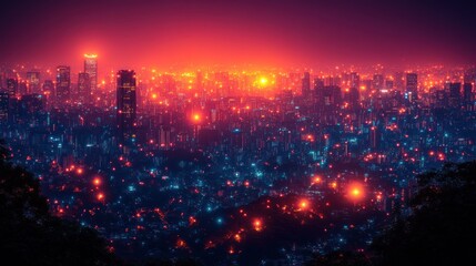 Obraz premium Night cityscape, red and blue lights, urban panorama, high angle view.