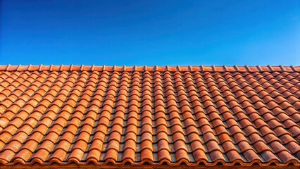 Weathered red tile roof under midday sunlight on blue sky background , outdoor architecture, blue sky