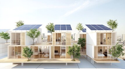 Fototapeta premium Eco-friendly modular homes with solar panels and rooftop gardens in a city.
