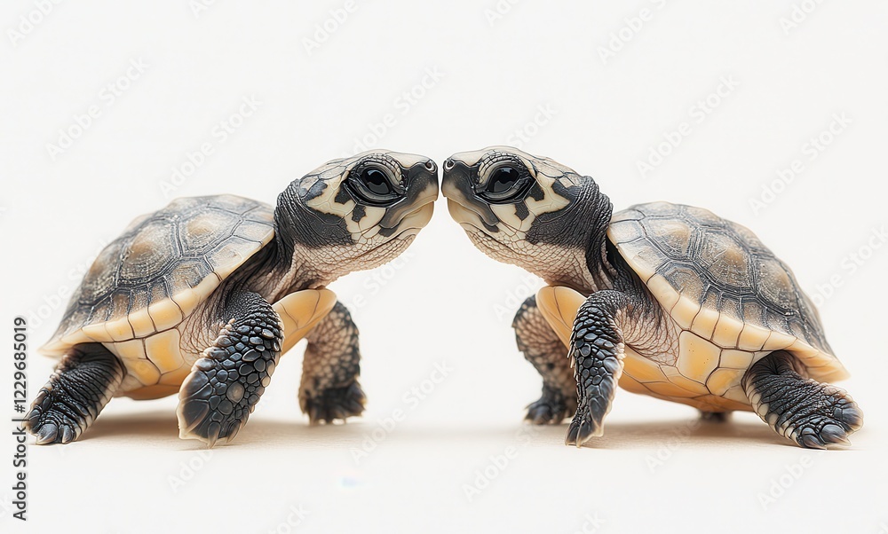 Poster two baby turtles facing each other on a soft white background, capturing the intriguing interaction 