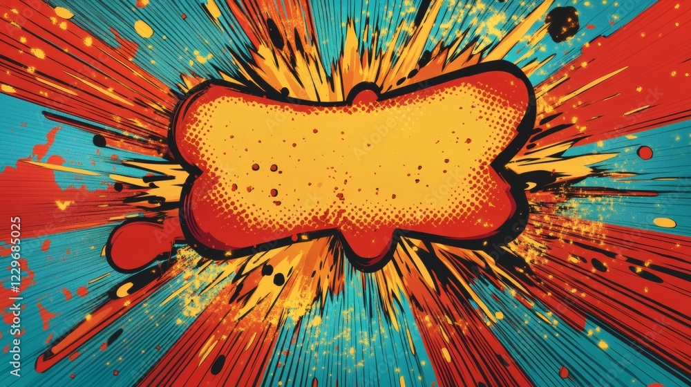 Poster exploding comicstyle speech bubble bold red yellow and blue tones surrounded by sharp lines and vibr