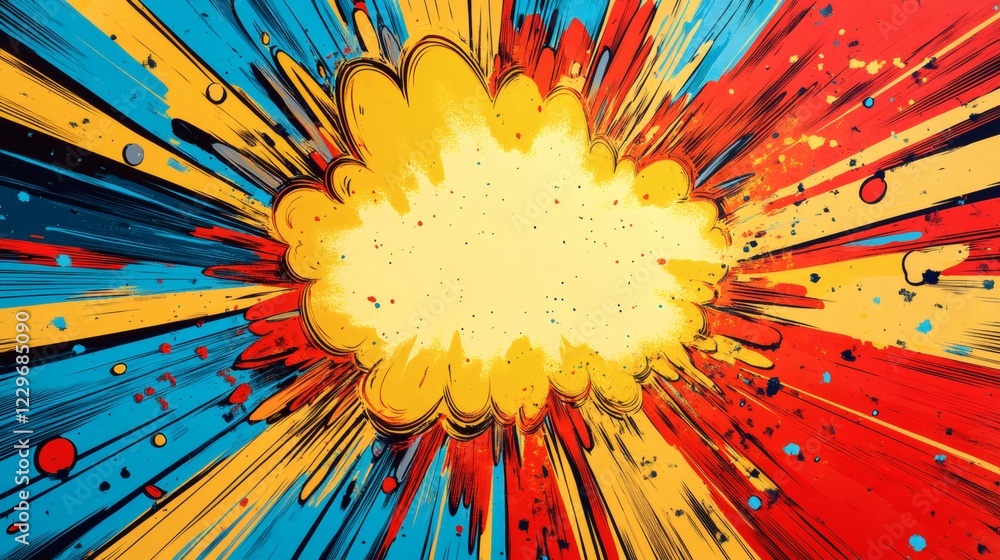 Poster exploding comicstyle speech bubble bold red yellow and blue tones surrounded by sharp lines and vibr