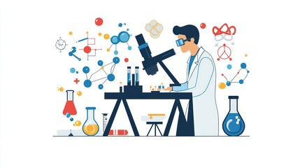 A research scientist conducting an experiment with microscopes and scientific equipment on a white background.