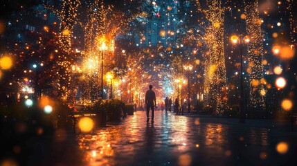 Obraz premium Man walking alone on a magical, illuminated night street.