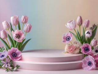 Empty product podium with spring flowers Pink Floral Arrangement with Tulips and Anemones  Pedestal showcase Blank product display shelf as a backdrop 3D rendering
